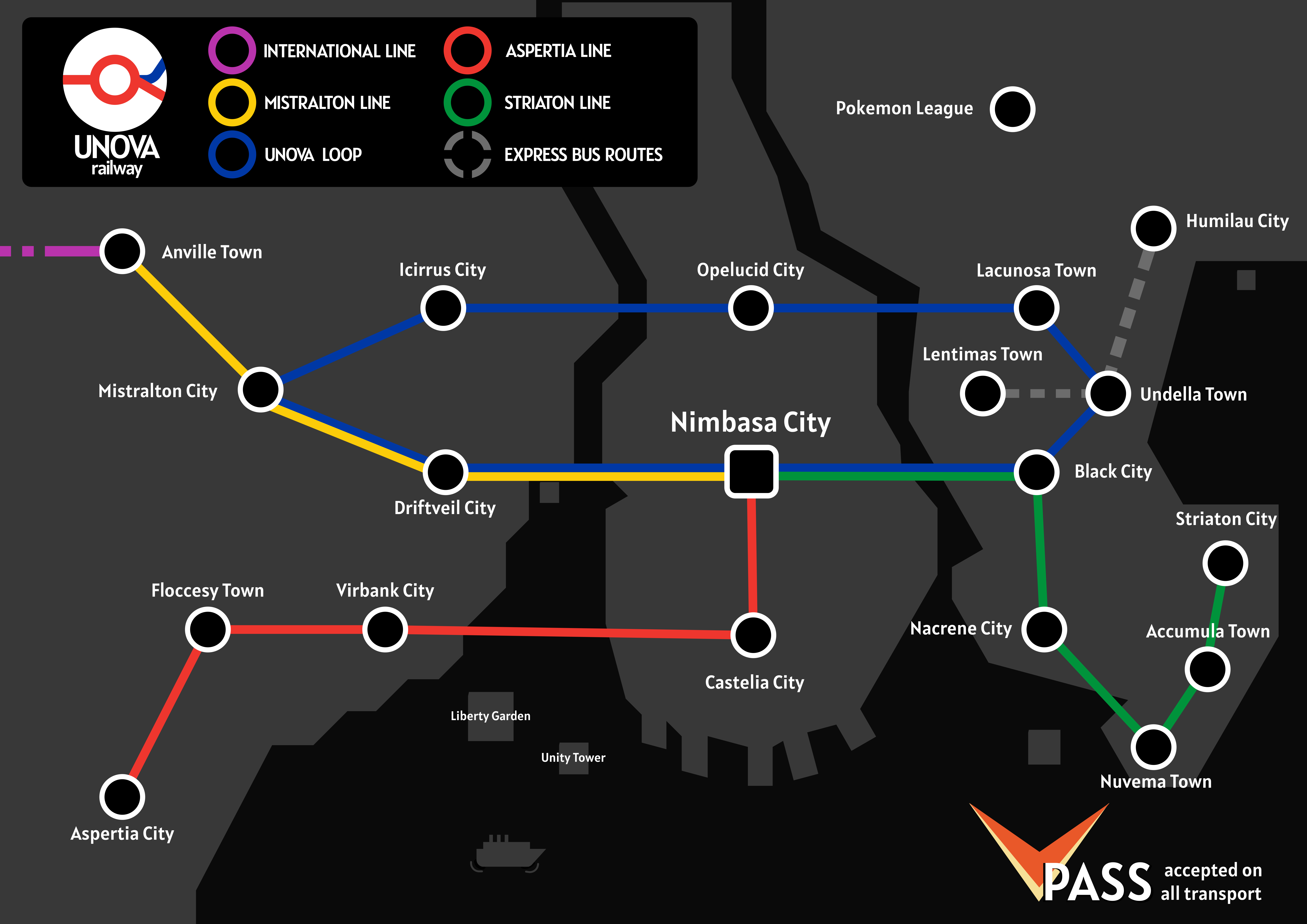 Train map for the fictional Pokemon City of Unova